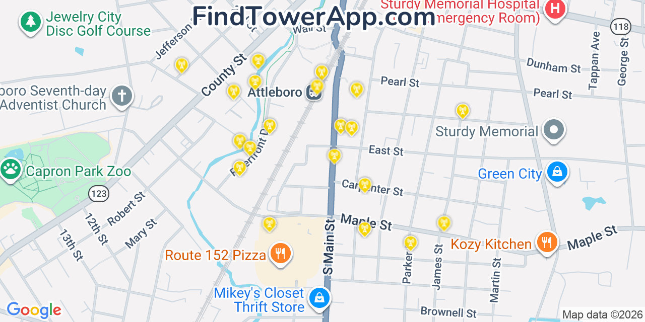 Map showing the 20 primary cell tower locations detected in Attleboro, Massachusetts from AT&T, Verizon, and T-Mobile networks