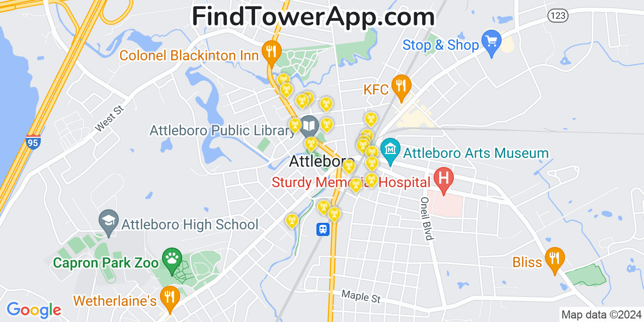 Verizon 4G/5G cell tower coverage map Attleboro, Massachusetts