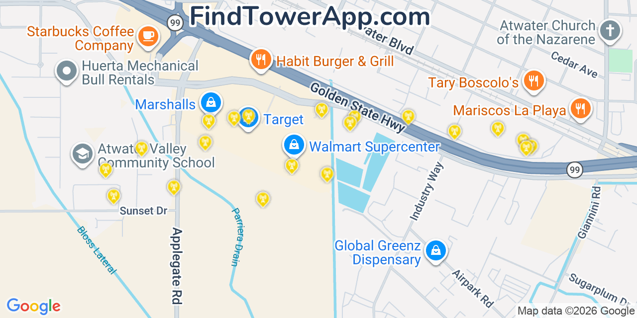 Map showing the 20 primary cell tower locations detected in Atwater, California from AT&T, Verizon, and T-Mobile networks