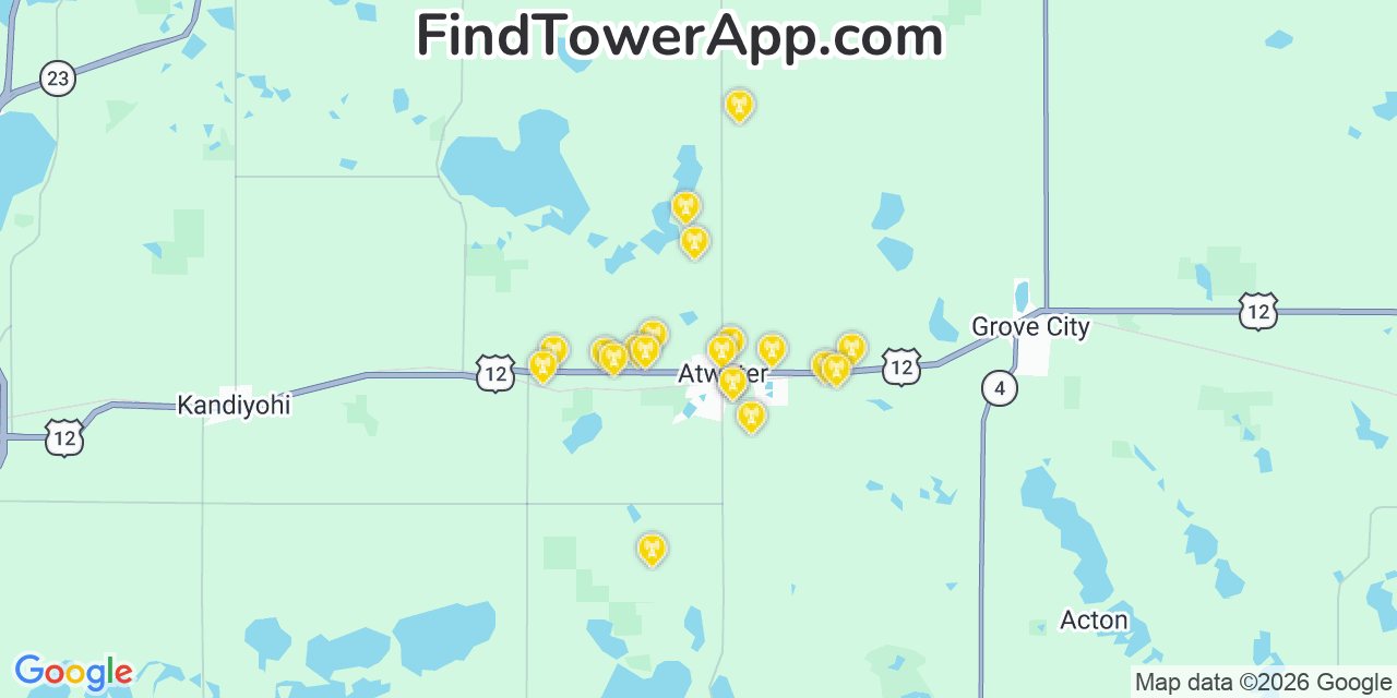 Map showing the 20 primary cell tower locations detected in Atwater, Minnesota from AT&T, Verizon, and T-Mobile networks