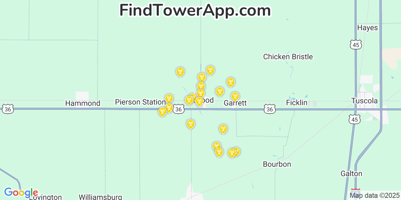 Map showing the 20 primary cell tower locations detected in Atwood, Illinois from AT&T, Verizon, and T-Mobile networks