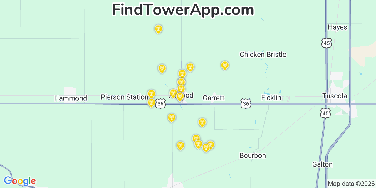 Map showing the 20 primary cell tower locations detected in Atwood, Illinois from AT&T, Verizon, and T-Mobile networks