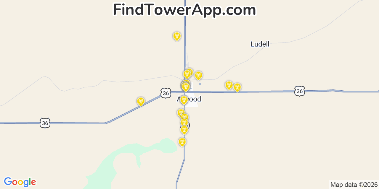 Map showing the 20 primary cell tower locations detected in Atwood, Kansas from AT&T, Verizon, and T-Mobile networks