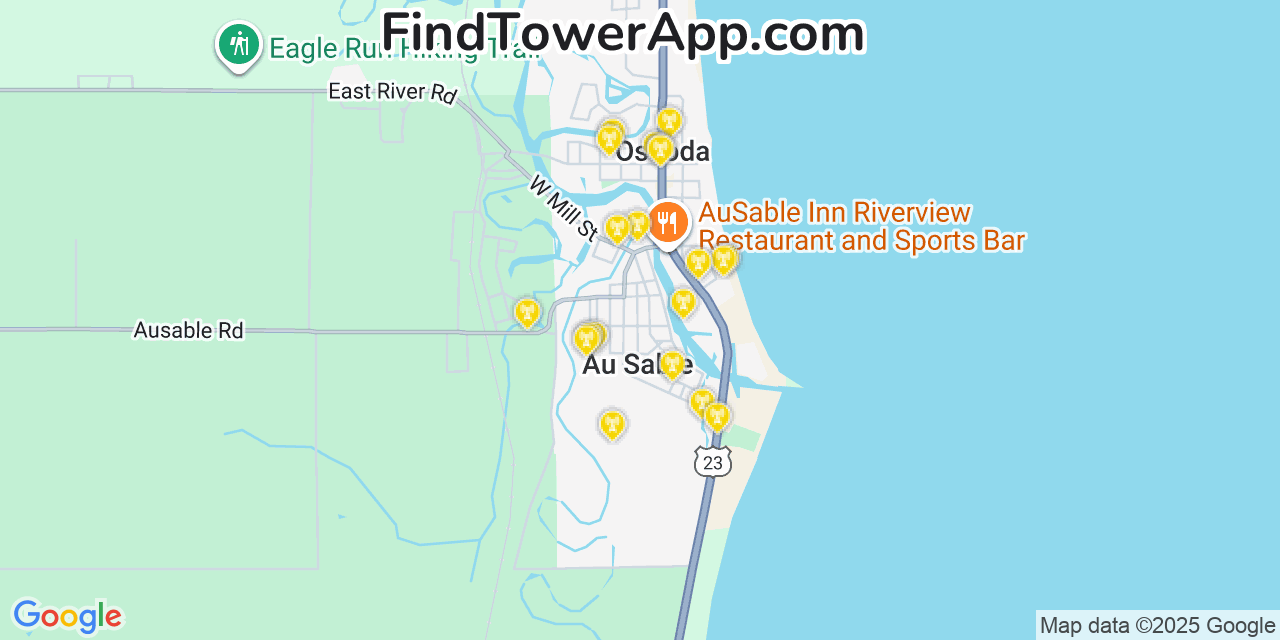 Map showing the 20 primary cell tower locations detected in Au Sable, Michigan from AT&T, Verizon, and T-Mobile networks