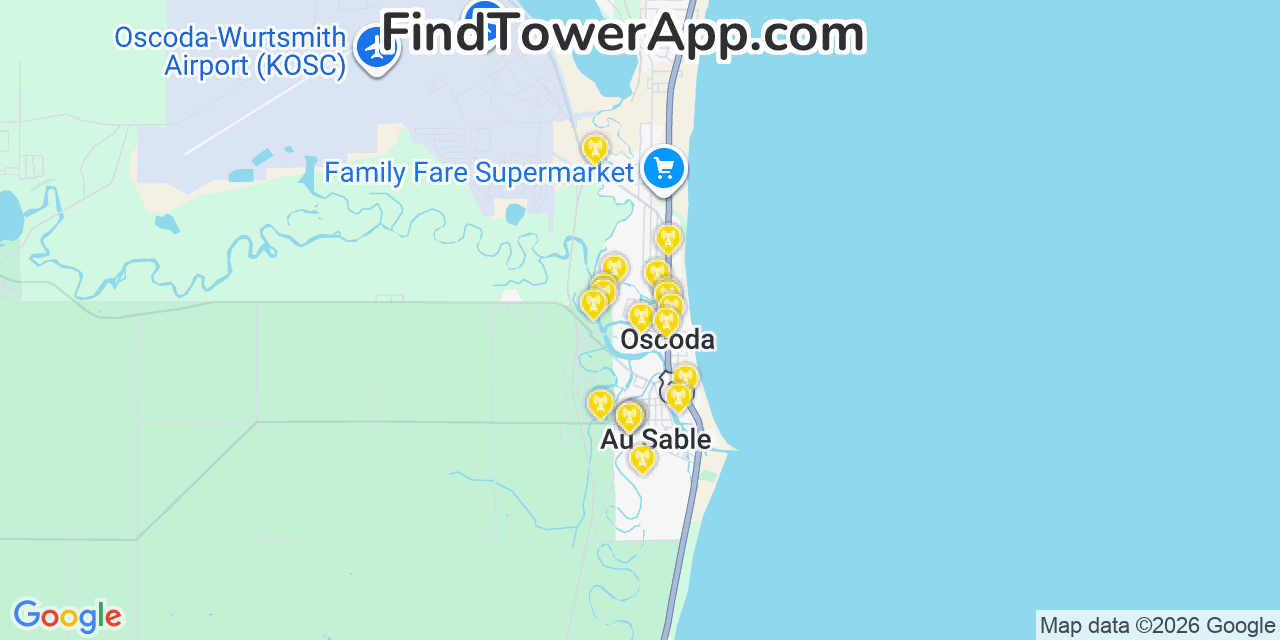 Map showing the 20 primary cell tower locations detected in Au Sable, Michigan from AT&T, Verizon, and T-Mobile networks