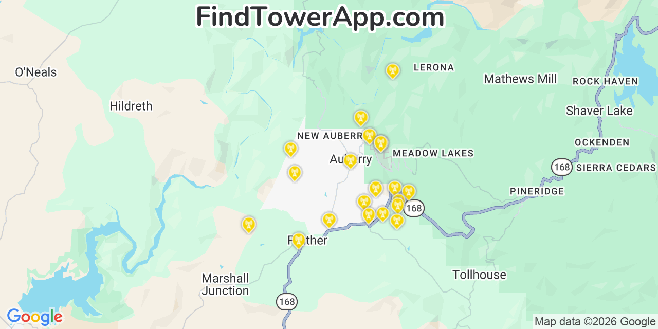 Map showing the 20 primary cell tower locations detected in Auberry, California from AT&T, Verizon, and T-Mobile networks