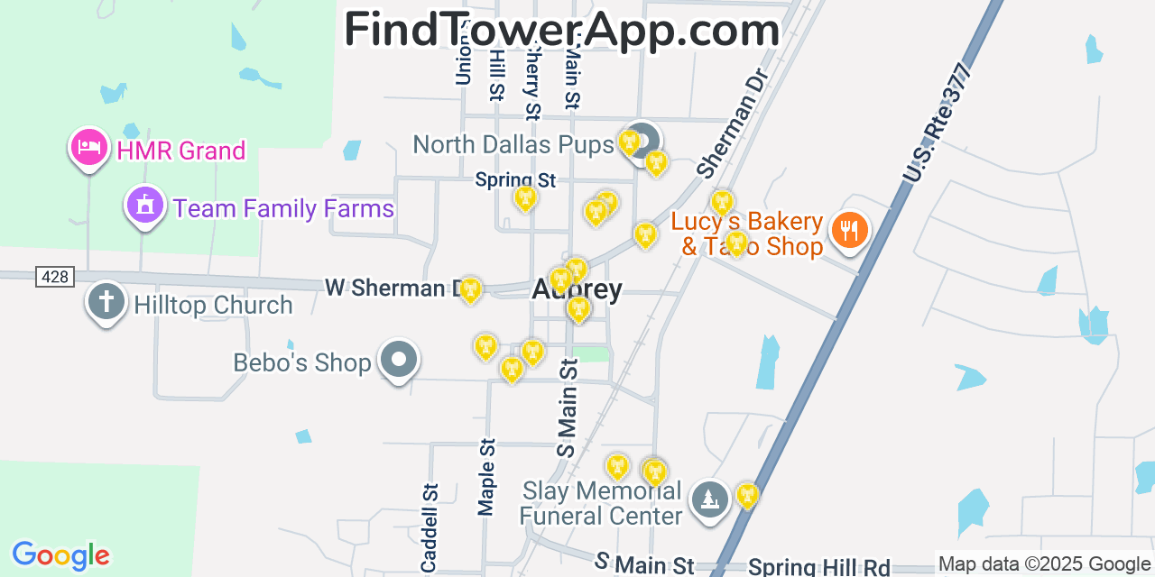 Map showing the 20 primary cell tower locations detected in Aubrey, Texas from AT&T, Verizon, and T-Mobile networks
