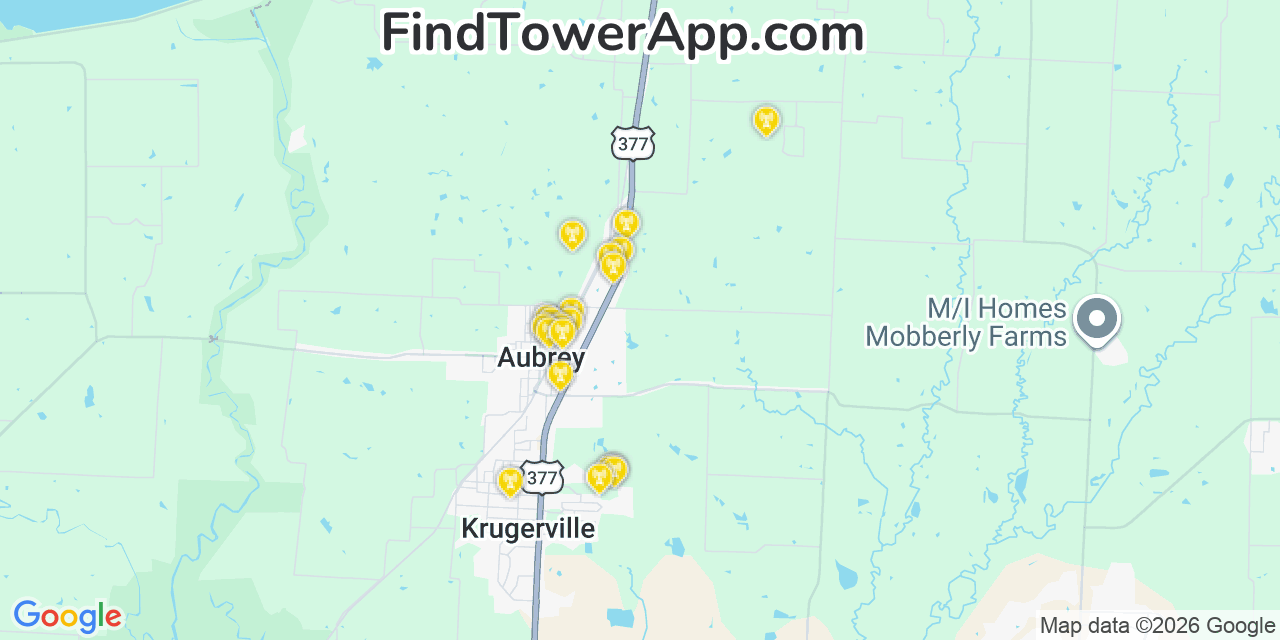 Map showing the 20 primary cell tower locations detected in Aubrey, Texas from AT&T, Verizon, and T-Mobile networks