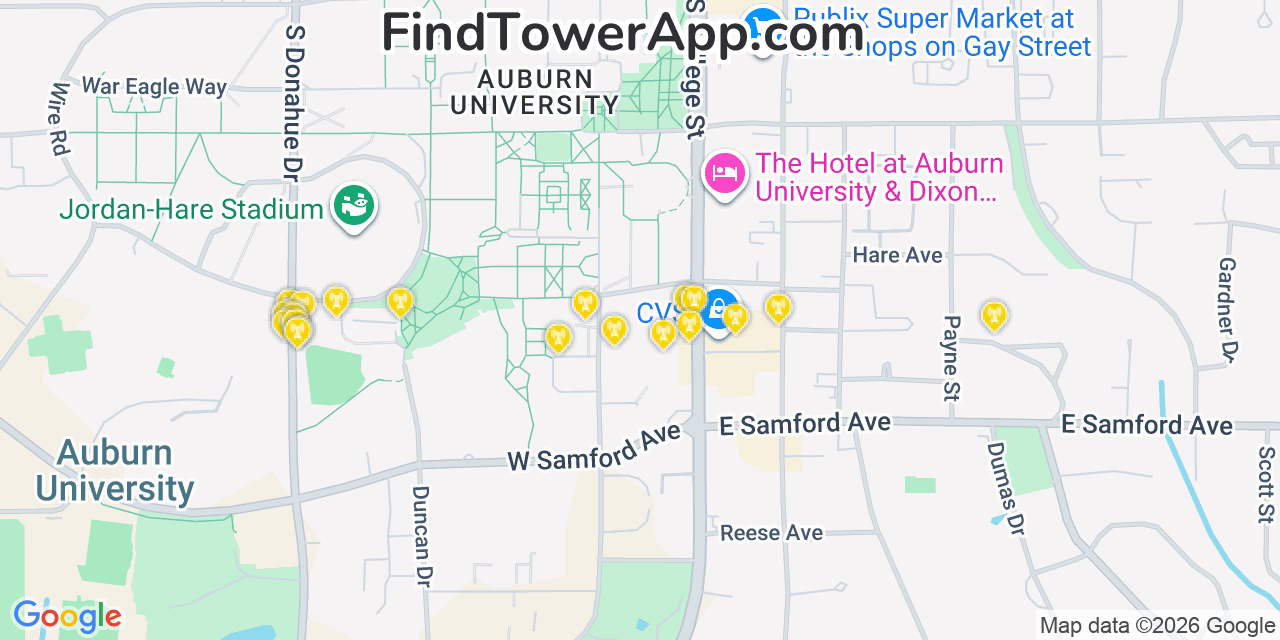 Map showing the 20 primary cell tower locations detected in Auburn, Alabama from AT&T, Verizon, and T-Mobile networks
