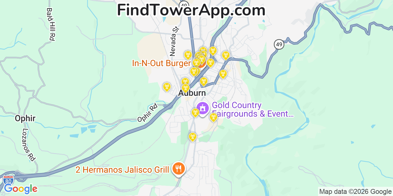 Map showing the 20 primary cell tower locations detected in Auburn, California from AT&T, Verizon, and T-Mobile networks