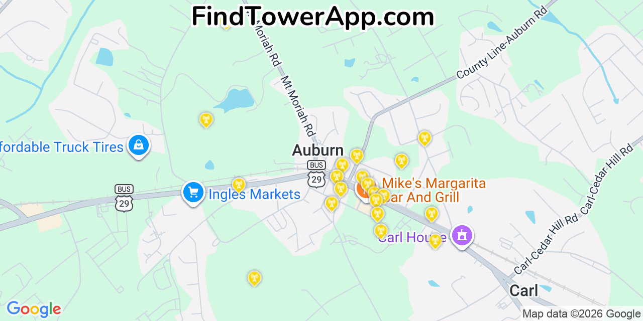 Map showing the 20 primary cell tower locations detected in Auburn, Georgia from AT&T, Verizon, and T-Mobile networks