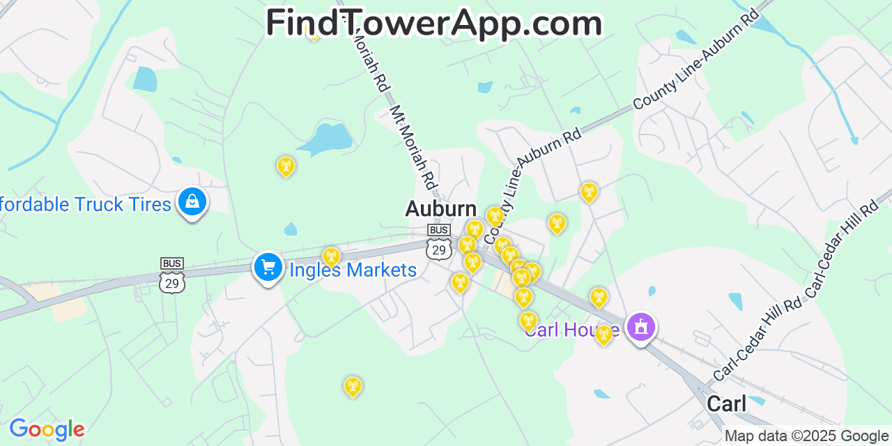 Map showing the 20 primary Mobitel cell tower locations detected in Auburn, Georgia with coverage radius and signal strength indicators