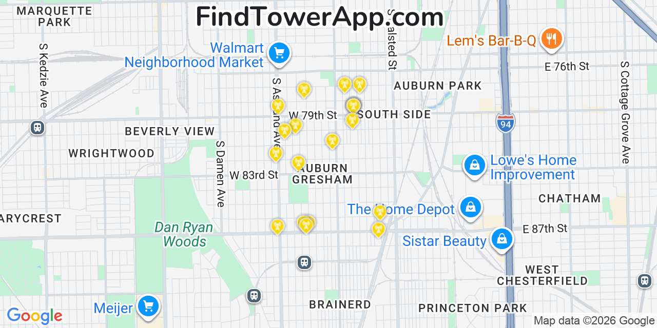 Map showing the 20 primary cell tower locations detected in Auburn Gresham, Illinois from AT&T, Verizon, and T-Mobile networks