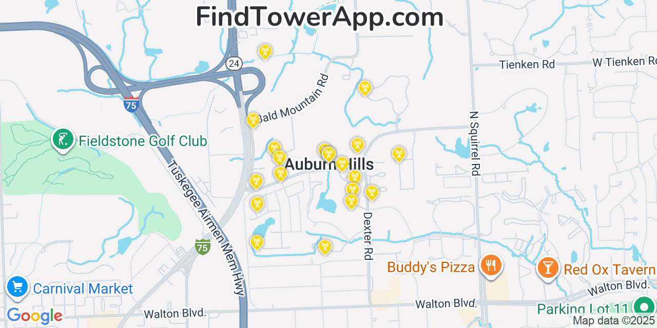 Map showing the 20 primary cell tower locations detected in Auburn Hills, Michigan from AT&T, Verizon, and T-Mobile networks