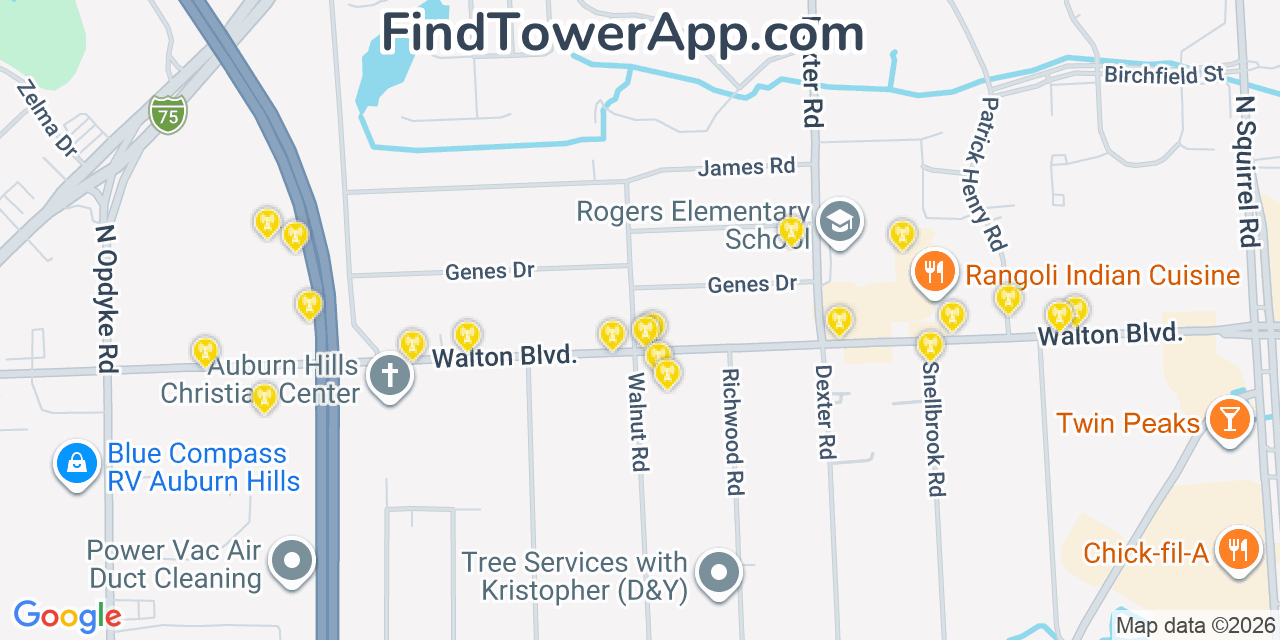 Map showing the 20 primary cell tower locations detected in Auburn Hills, Michigan from AT&T, Verizon, and T-Mobile networks