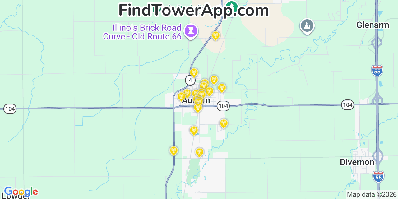 Map showing the 20 primary cell tower locations detected in Auburn, Illinois from AT&T, Verizon, and T-Mobile networks