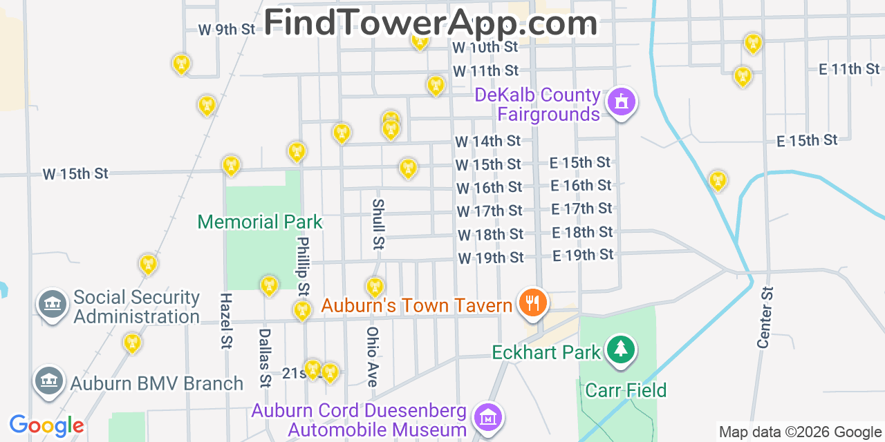 Map showing the 20 primary cell tower locations detected in Auburn, Indiana from AT&T, Verizon, and T-Mobile networks