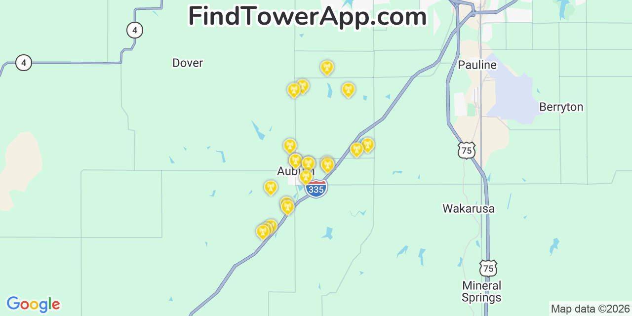 Map showing the 20 primary cell tower locations detected in Auburn, Kansas from AT&T, Verizon, and T-Mobile networks