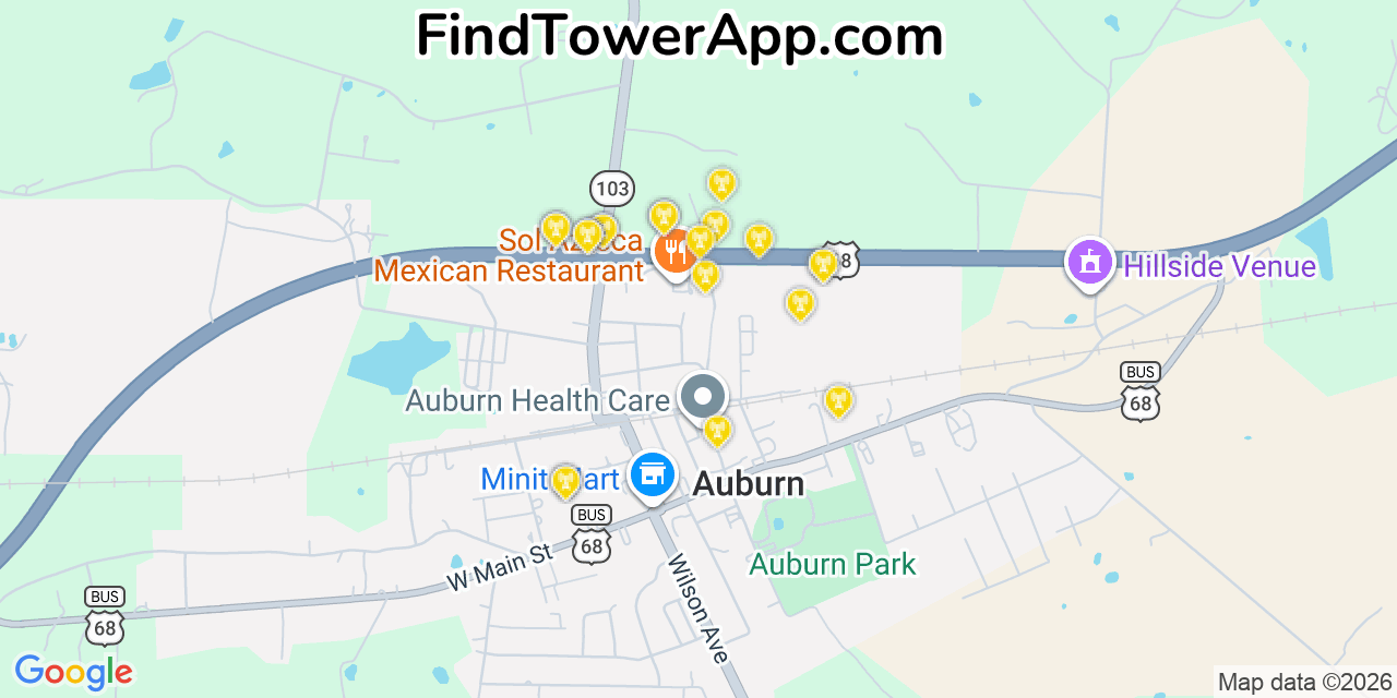 Map showing the 20 primary cell tower locations detected in Auburn, Kentucky from AT&T, Verizon, and T-Mobile networks
