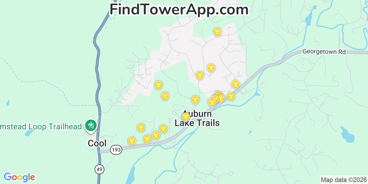 Map showing the 20 primary cell tower locations detected in Auburn Lake Trails, California from AT&T, Verizon, and T-Mobile networks