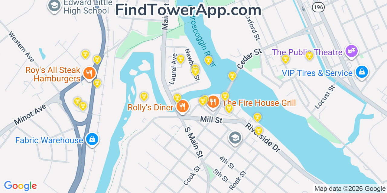 Map showing the 20 primary cell tower locations detected in Auburn, Maine from AT&T, Verizon, and T-Mobile networks