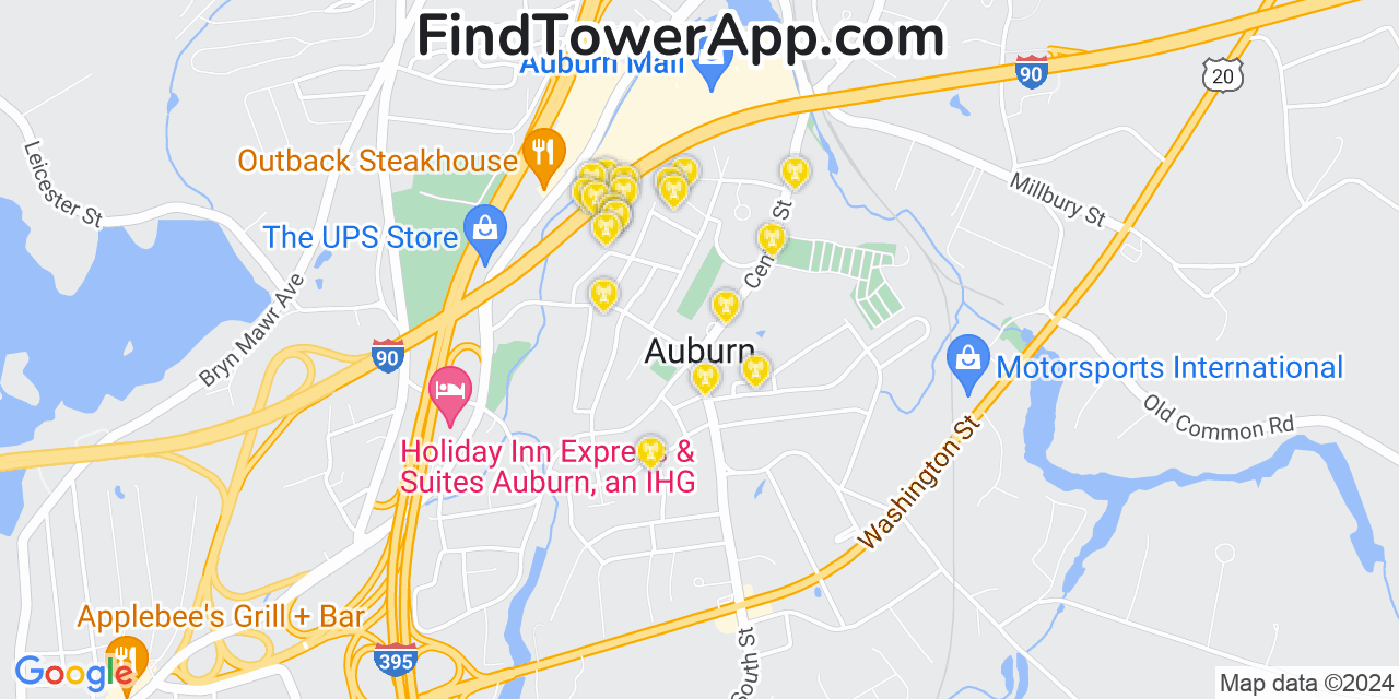 AT&T 4G/5G cell tower coverage map Auburn, Massachusetts