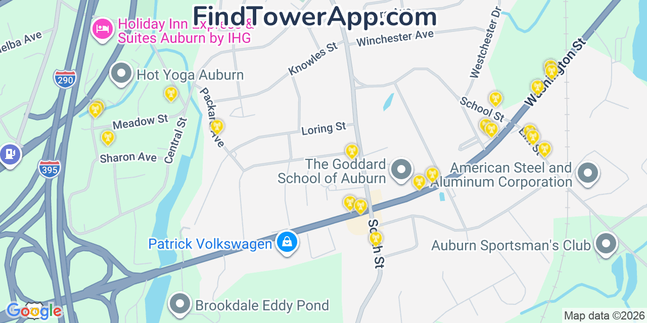 Map showing the 20 primary cell tower locations detected in Auburn, Massachusetts from AT&T, Verizon, and T-Mobile networks