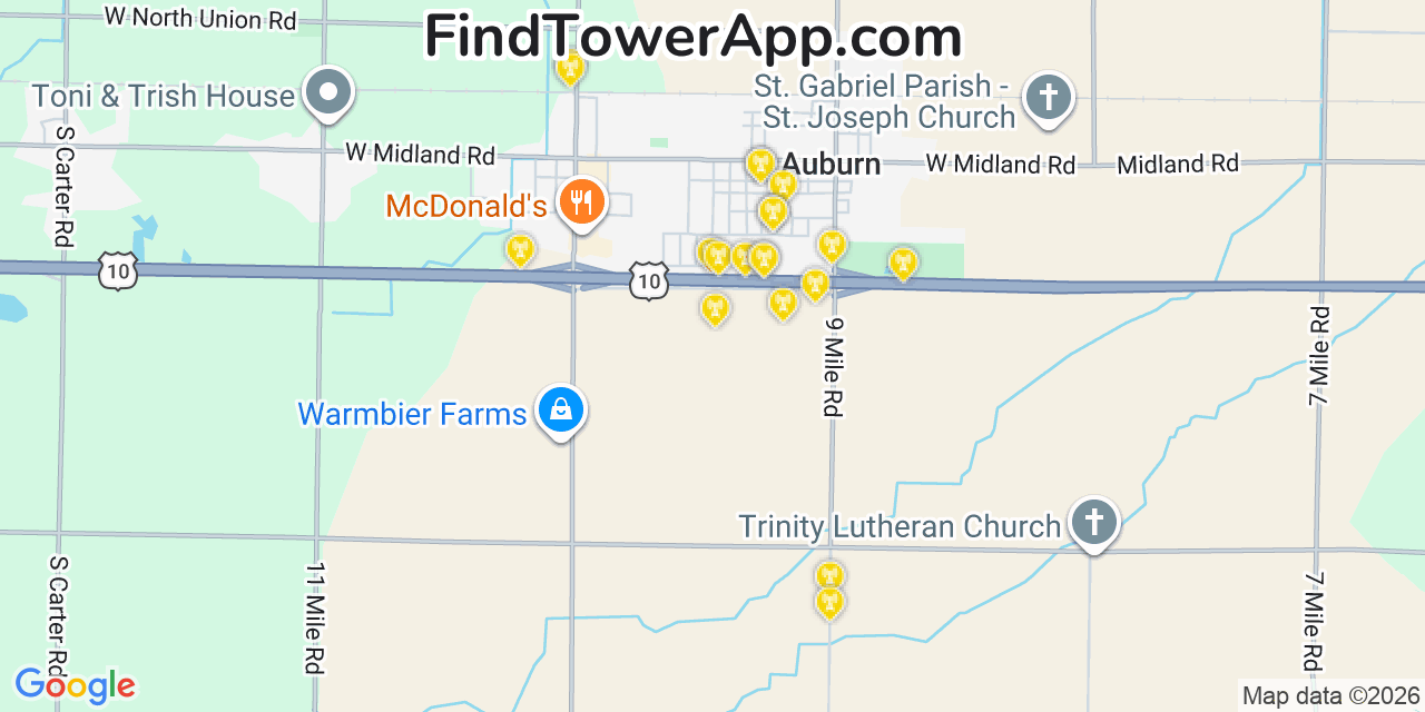 Map showing the 20 primary cell tower locations detected in Auburn, Michigan from AT&T, Verizon, and T-Mobile networks