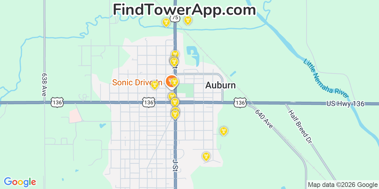 Map showing the 20 primary cell tower locations detected in Auburn, Nebraska from AT&T, Verizon, and T-Mobile networks