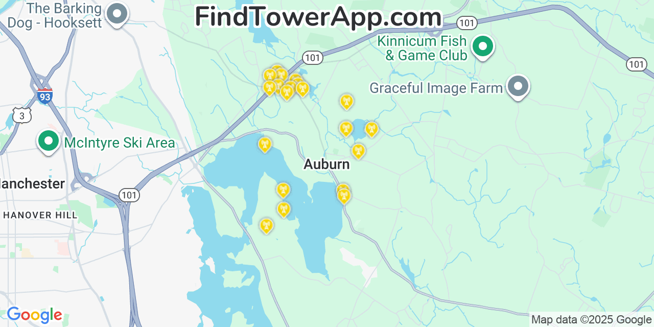 Map showing the 20 primary cell tower locations detected in Auburn, New Hampshire from AT&T, Verizon, and T-Mobile networks