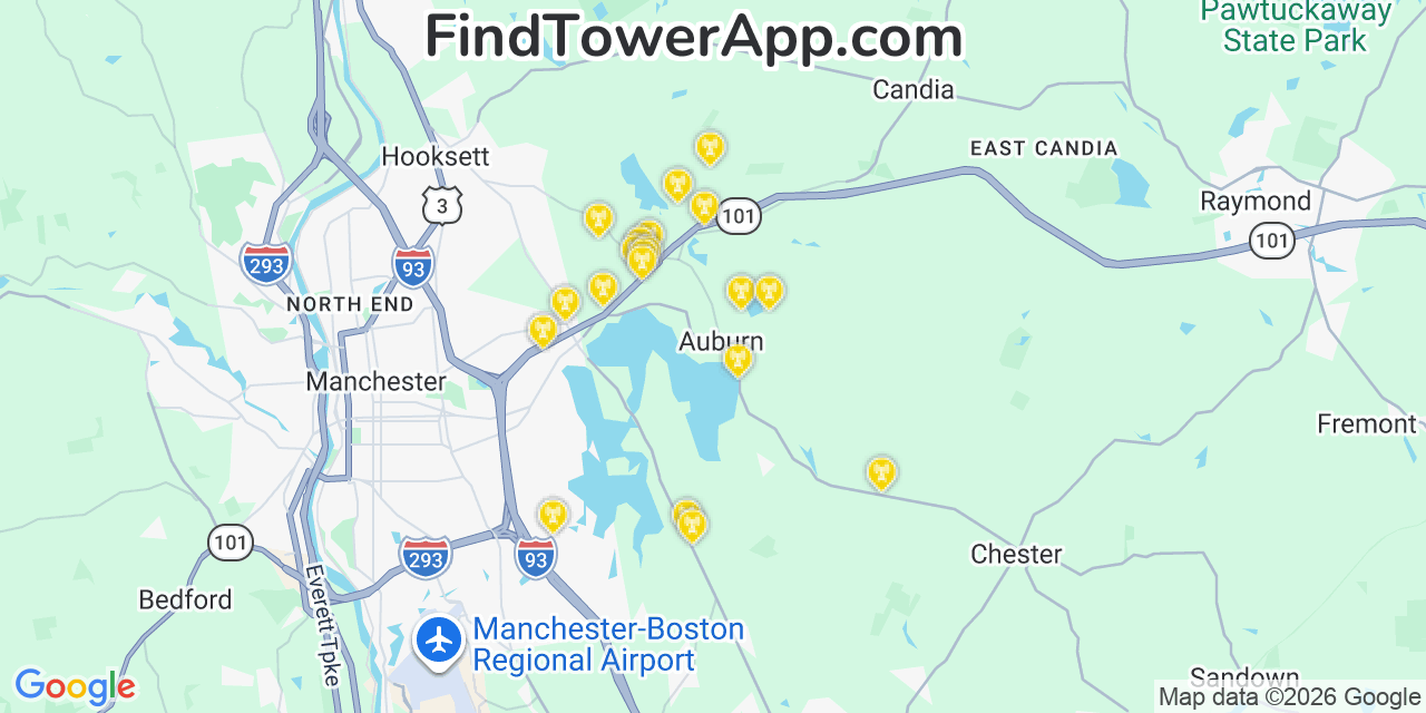 Map showing the 20 primary cell tower locations detected in Auburn, New Hampshire from AT&T, Verizon, and T-Mobile networks