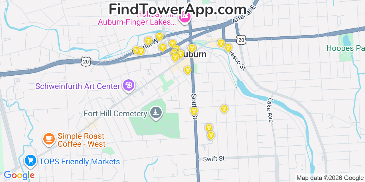 Map showing the 20 primary cell tower locations detected in Auburn, New York from AT&T, Verizon, and T-Mobile networks