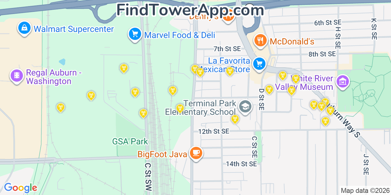 Map showing the 20 primary cell tower locations detected in Auburn, Washington from AT&T, Verizon, and T-Mobile networks