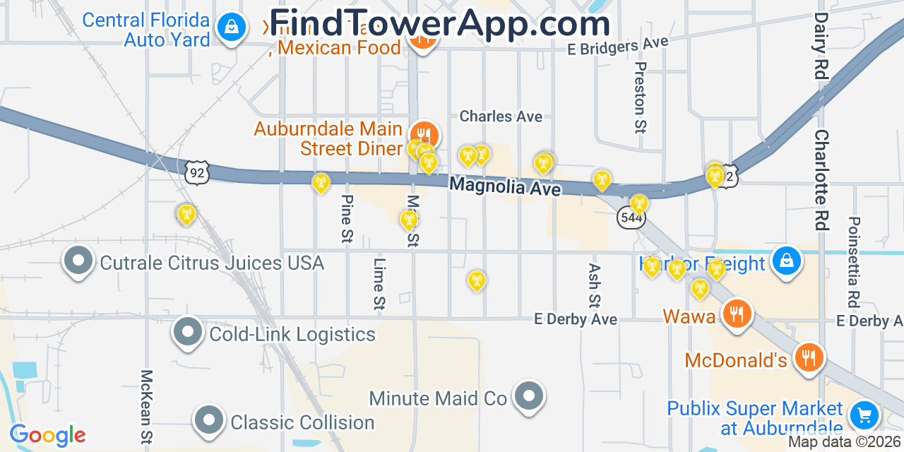 Map showing the 20 primary cell tower locations detected in Auburndale, Florida from AT&T, Verizon, and T-Mobile networks