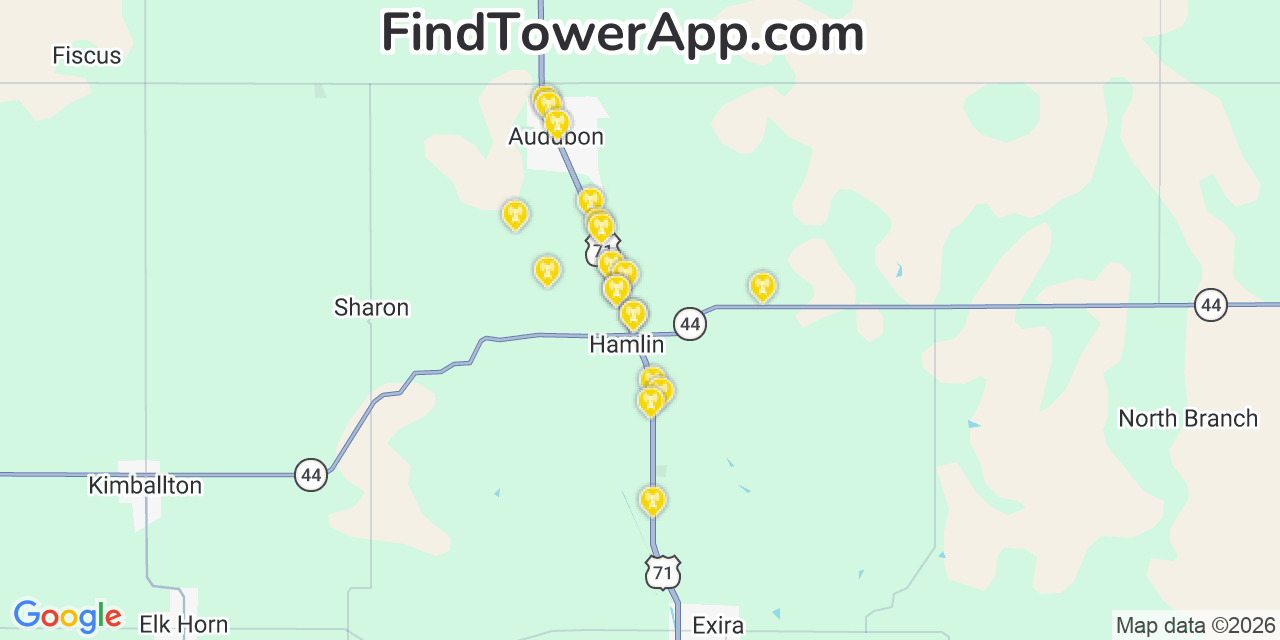 Map showing the 20 primary cell tower locations detected in Audubon, Iowa from AT&T, Verizon, and T-Mobile networks