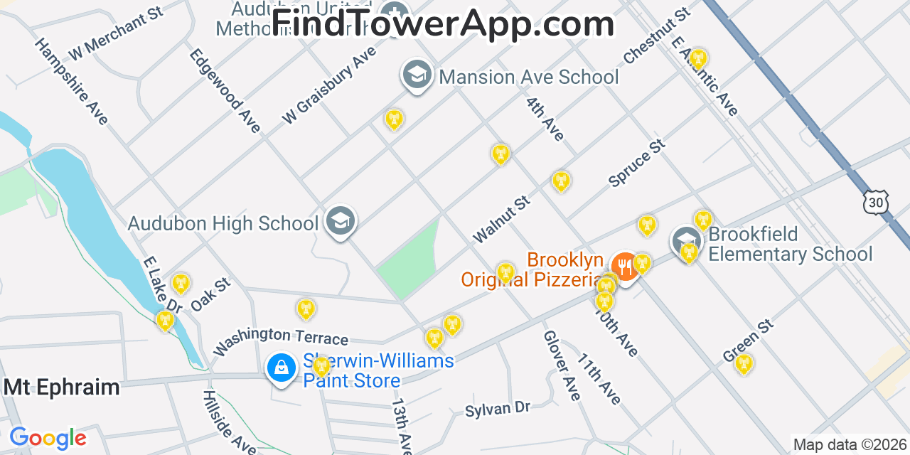 Map showing the 20 primary cell tower locations detected in Audubon, New Jersey from AT&T, Verizon, and T-Mobile networks
