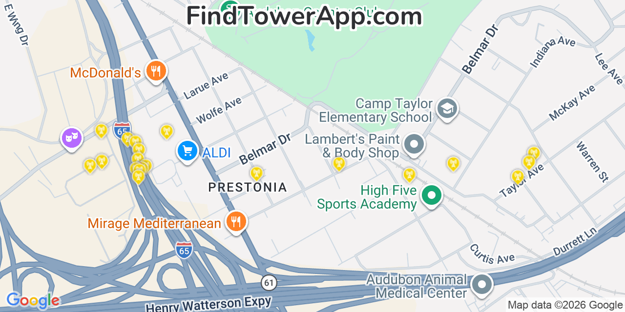 Map showing the 20 primary cell tower locations detected in Audubon Park, Kentucky from AT&T, Verizon, and T-Mobile networks