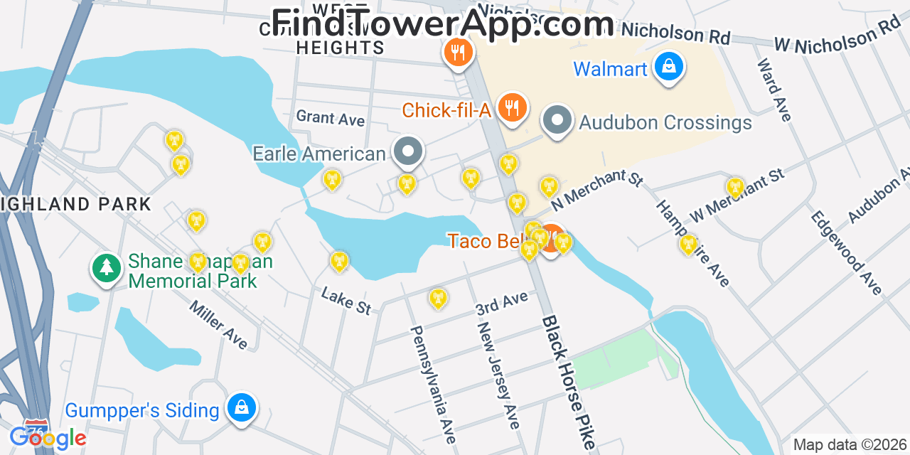 Map showing the 20 primary cell tower locations detected in Audubon Park, New Jersey from AT&T, Verizon, and T-Mobile networks