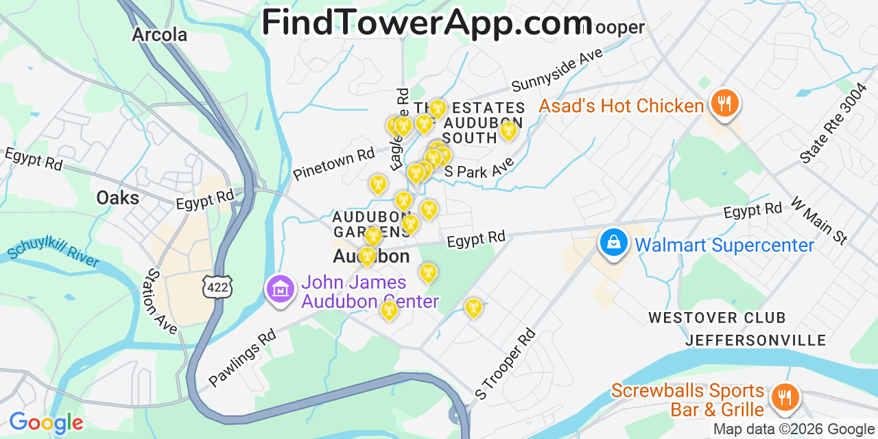Map showing the 20 primary cell tower locations detected in Audubon, Pennsylvania from AT&T, Verizon, and T-Mobile networks