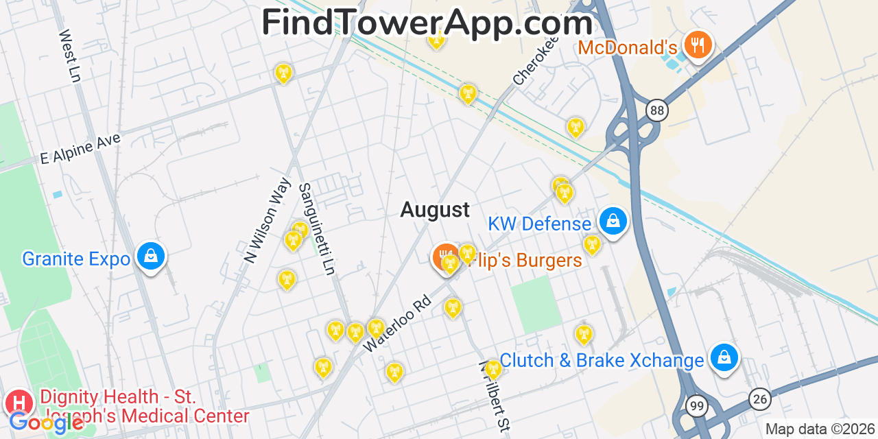 Map showing the 20 primary cell tower locations detected in August, California from AT&T, Verizon, and T-Mobile networks