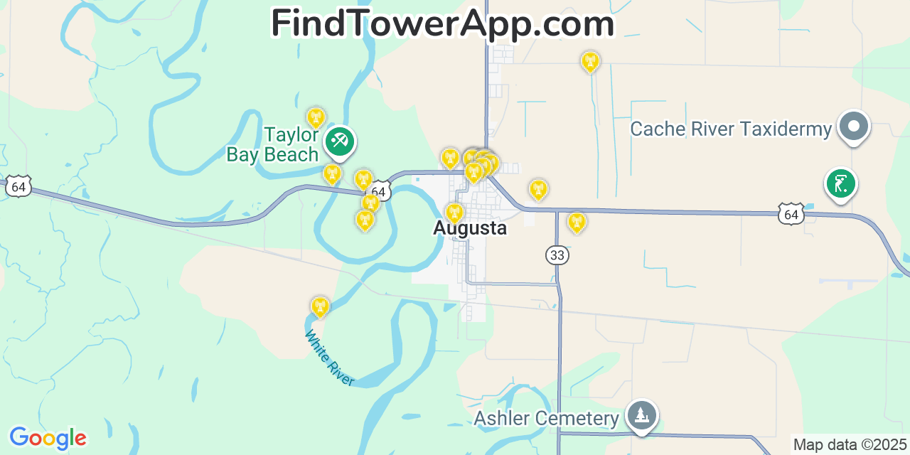 Map showing the 20 primary cell tower locations detected in Augusta, Arkansas from AT&T, Verizon, and T-Mobile networks