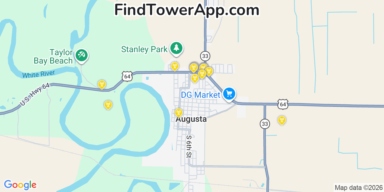 Map showing the 20 primary cell tower locations detected in Augusta, Arkansas from AT&T, Verizon, and T-Mobile networks