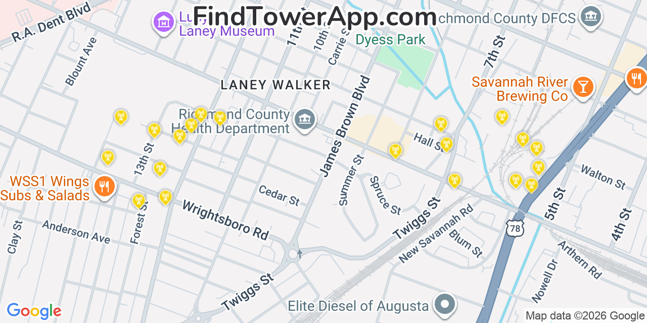 Map showing the 20 primary cell tower locations detected in Augusta, Georgia from AT&T, Verizon, and T-Mobile networks