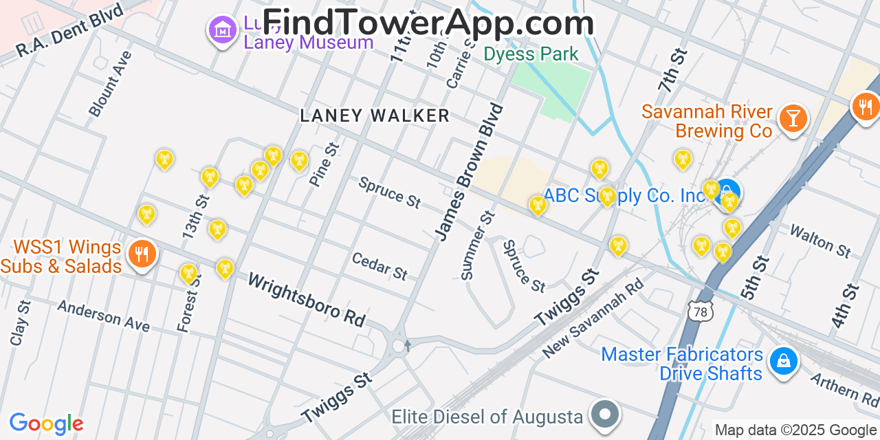 Map showing the 20 primary Mobitel cell tower locations detected in Augusta, Georgia with coverage radius and signal strength indicators