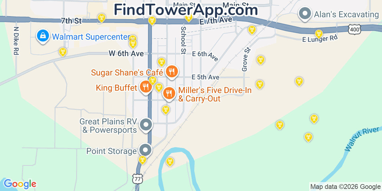 Map showing the 20 primary cell tower locations detected in Augusta, Kansas from AT&T, Verizon, and T-Mobile networks