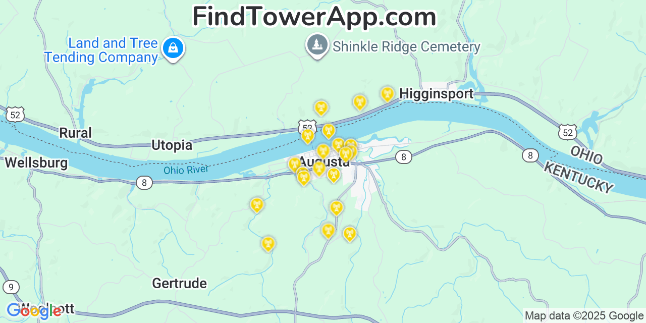 Map showing the 20 primary cell tower locations detected in Augusta, Kentucky from AT&T, Verizon, and T-Mobile networks