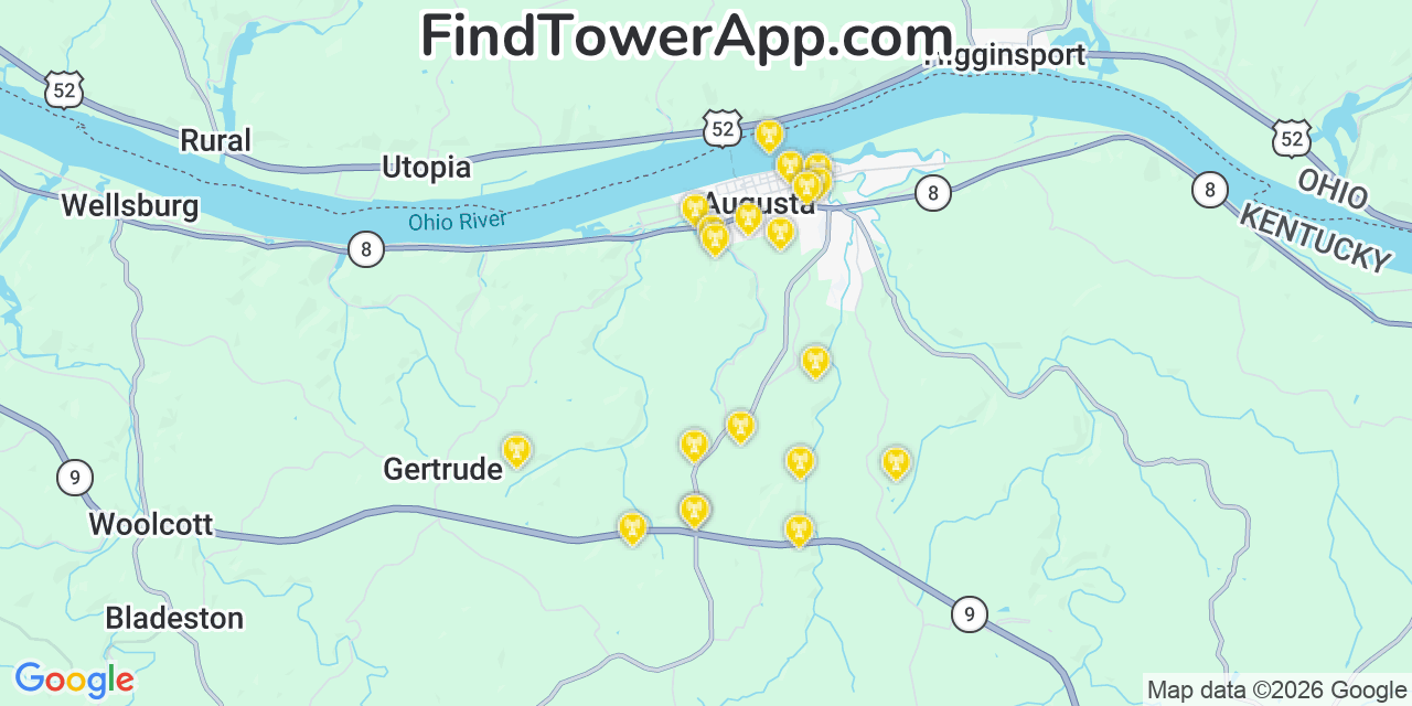Map showing the 20 primary cell tower locations detected in Augusta, Kentucky from AT&T, Verizon, and T-Mobile networks