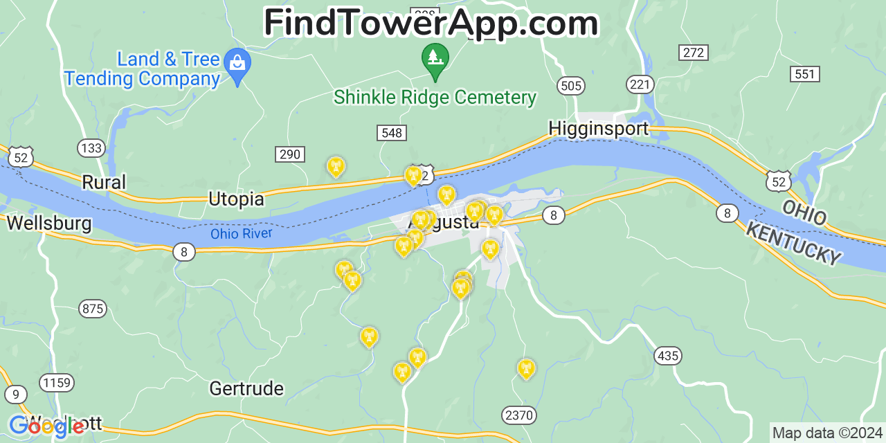 Verizon 4G/5G cell tower coverage map Augusta, Kentucky