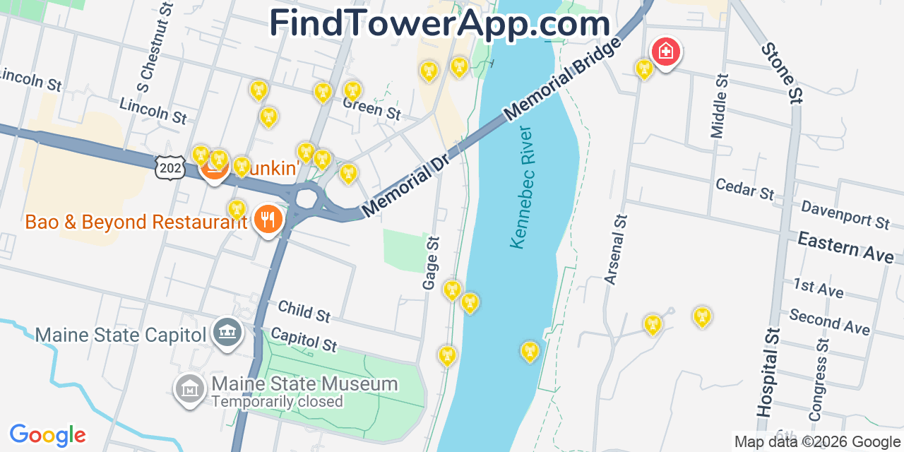 Map showing the 20 primary cell tower locations detected in Augusta, Maine from AT&T, Verizon, and T-Mobile networks