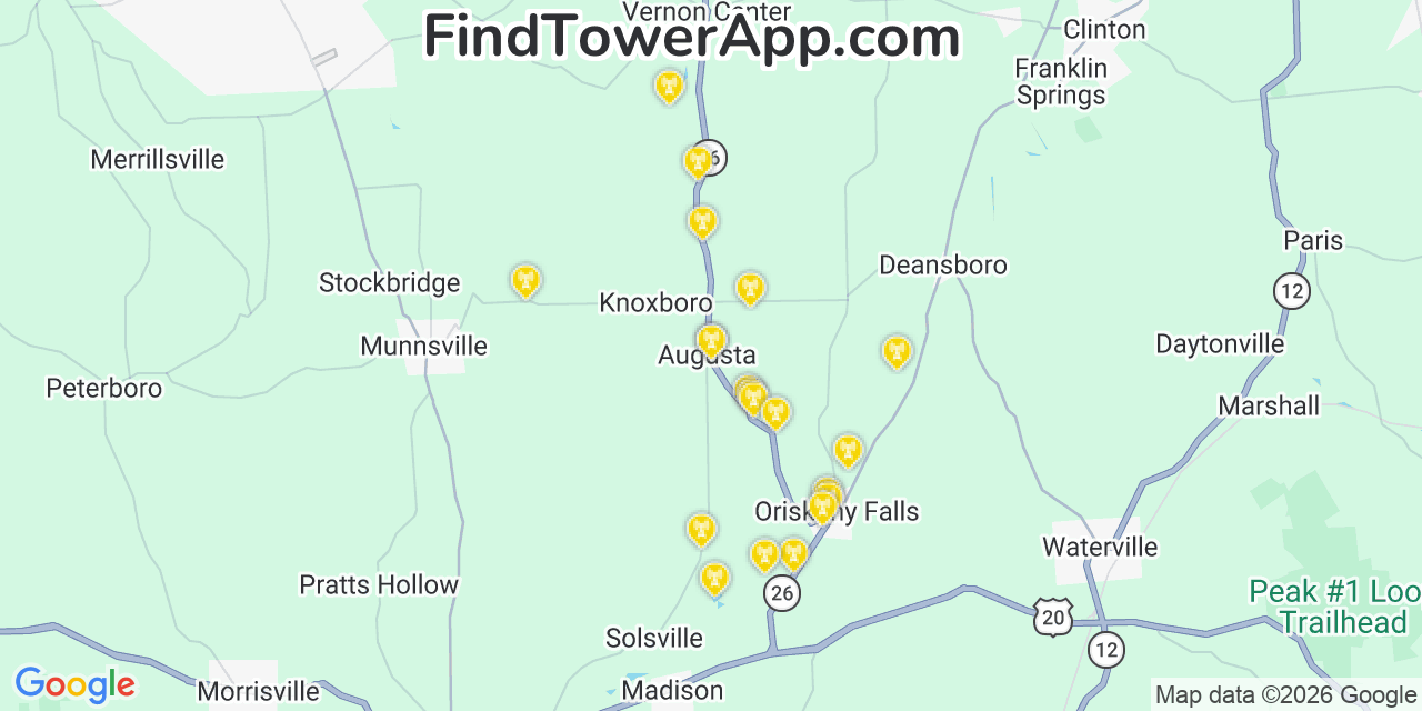Map showing the 20 primary cell tower locations detected in Augusta, New York from AT&T, Verizon, and T-Mobile networks